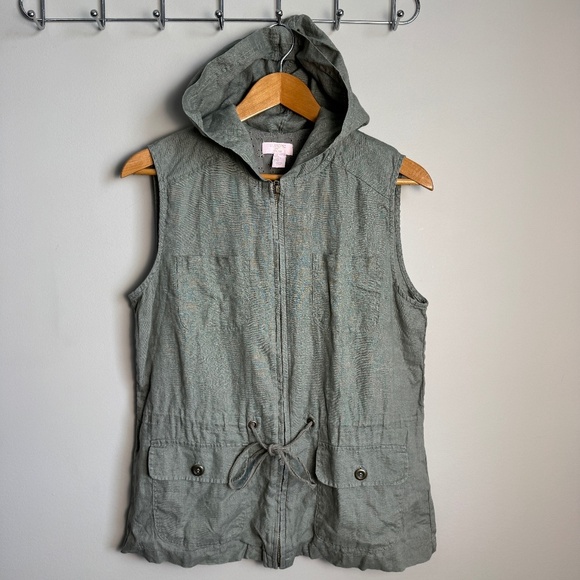St. Tropez Women's 100% Linen Front Zip Vest with Hood Gray M Lagenlook Festival - Picture 1 of 13